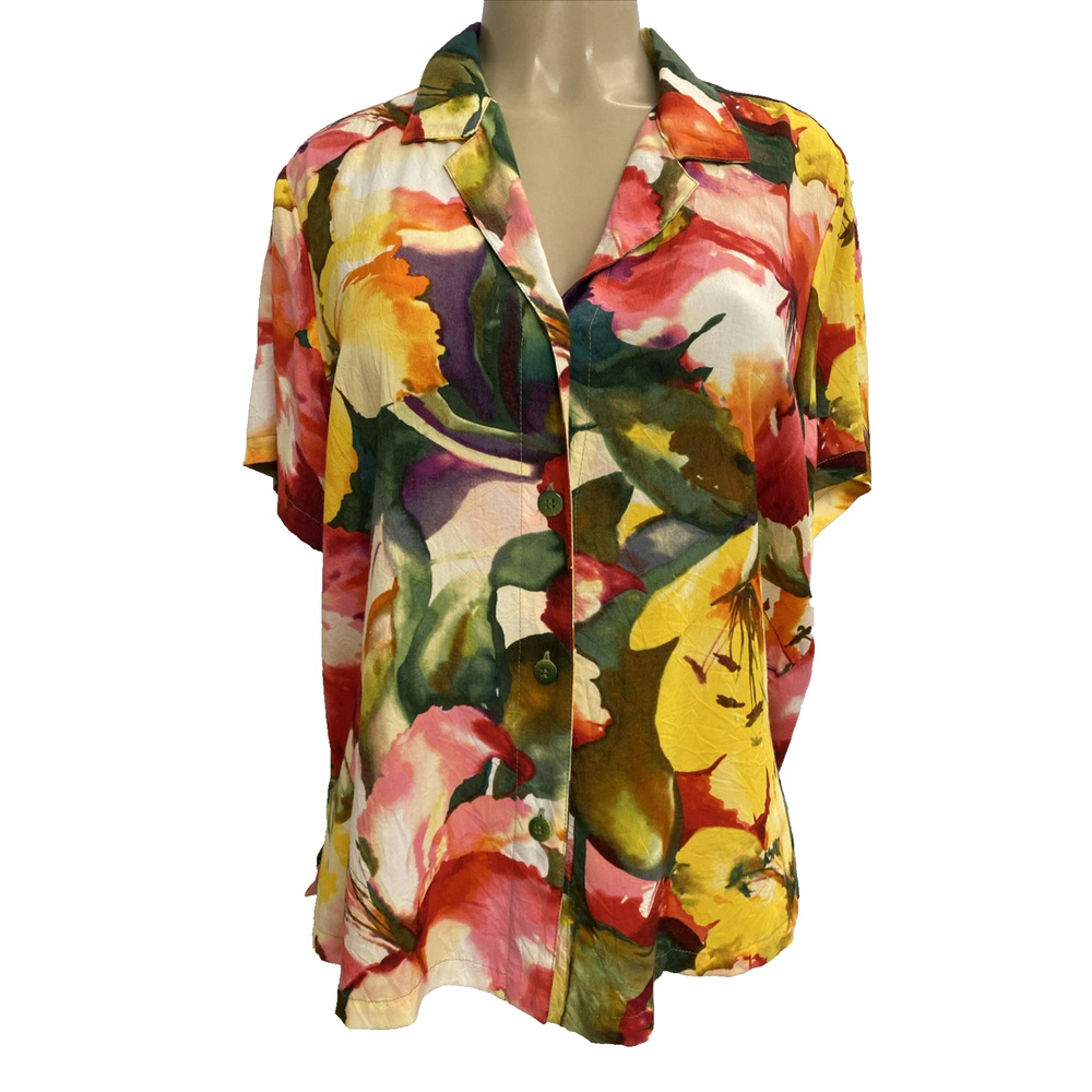 Jams World Button Down Shirt Top Blouse Short Sleeve W624 Ibisco Floral Multi L